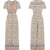 image:imageRVivimos One Piece Jumpsuits for Women Summer Boho Floral Print Short Sleeve V Neck Drawstring Waist Wide Leg Long RompersBeige