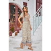 image:imageRVivimos One Piece Jumpsuits for Women Summer Boho Floral Print Short Sleeve V Neck Drawstring Waist Wide Leg Long RompersBeige