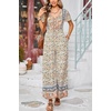 image:imageRVivimos One Piece Jumpsuits for Women Summer Boho Floral Print Short Sleeve V Neck Drawstring Waist Wide Leg Long RompersBeige