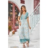 image:imageRVivimos One Piece Jumpsuits for Women Summer Boho Floral Print Short Sleeve V Neck Drawstring Waist Wide Leg Long RompersBlue Turquoise
