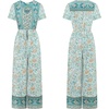 image:imageRVivimos One Piece Jumpsuits for Women Summer Boho Floral Print Short Sleeve V Neck Drawstring Waist Wide Leg Long RompersBlue Turquoise