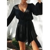 image:imageRVivimos Shirt Dresses for Women Balloon Long Sleeve Deep V Neck Casual Button Up Irregular Hem Mini Dress with BeltBlack