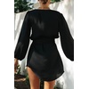 image:imageRVivimos Shirt Dresses for Women Balloon Long Sleeve Deep V Neck Casual Button Up Irregular Hem Mini Dress with BeltBlack