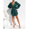 image:imageRVivimos Shirt Dresses for Women Balloon Long Sleeve Deep V Neck Casual Button Up Irregular Hem Mini Dress with BeltDarkgreen