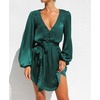 image:imageRVivimos Shirt Dresses for Women Balloon Long Sleeve Deep V Neck Casual Button Up Irregular Hem Mini Dress with BeltDarkgreen