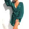 image:imageRVivimos Shirt Dresses for Women Balloon Long Sleeve Deep V Neck Casual Button Up Irregular Hem Mini Dress with BeltDarkgreen