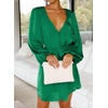 image:imageRVivimos Shirt Dresses for Women Balloon Long Sleeve Deep V Neck Casual Button Up Irregular Hem Mini Dress with BeltGreen
