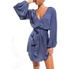 image:imageRVivimos Shirt Dresses for Women Balloon Long Sleeve Deep V Neck Casual Button Up Irregular Hem Mini Dress with BeltHazeblue