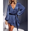 image:imageRVivimos Shirt Dresses for Women Balloon Long Sleeve Deep V Neck Casual Button Up Irregular Hem Mini Dress with BeltHazeblue