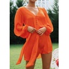 image:imageRVivimos Shirt Dresses for Women Balloon Long Sleeve Deep V Neck Casual Button Up Irregular Hem Mini Dress with BeltOrange