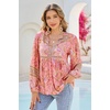 image:imageRVivimos Summer Boho Tops for Women 2026 Long Sleeve V Neck Floral Print Casual Loose Tunic Blouses ShirtsCoral Pink