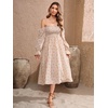 image:imageRVivimos Summer Dress for Women Long Sleeve Casual Plaid Print Smocked Off Shoulder ALine Midi DressBeigefloral