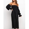 image:imageRVivimos Summer Dress for Women Long Sleeve Casual Plaid Print Smocked Off Shoulder ALine Midi DressBlack2