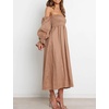 image:imageRVivimos Summer Dress for Women Long Sleeve Casual Plaid Print Smocked Off Shoulder ALine Midi DressBrown