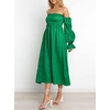 image:imageRVivimos Summer Dress for Women Long Sleeve Casual Plaid Print Smocked Off Shoulder ALine Midi DressDarkgreen