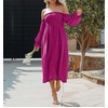 image:imageRVivimos Summer Dress for Women Long Sleeve Casual Plaid Print Smocked Off Shoulder ALine Midi DressFuchsia