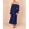 image:imageRVivimos Summer Dress for Women Long Sleeve Casual Plaid Print Smocked Off Shoulder ALine Midi DressNavyblue