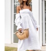 image:imageRVivimos Summer Dress for Women Long Sleeve Casual Plaid Print Smocked Off Shoulder ALine Midi DressWhite