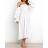 image:imageRVivimos Summer Dress for Women Long Sleeve Casual Plaid Print Smocked Off Shoulder ALine Midi DressWhite