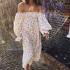 image:imageRVivimos Summer Dress for Women Long Sleeve Casual Plaid Print Smocked Off Shoulder ALine Midi DressWhitefloral