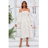 image:imageRVivimos Summer Dress for Women Long Sleeve Casual Plaid Print Smocked Off Shoulder ALine Midi DressWhiteyellowfloral
