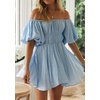 image:imageRVivimos Summer Dress for Women Short Puff Sleeve Boho Off the Shoulder Casual Smocked Swing Mini DressBlue
