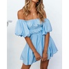 image:imageRVivimos Summer Dress for Women Short Puff Sleeve Boho Off the Shoulder Casual Smocked Swing Mini DressBlue