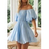image:imageRVivimos Summer Dress for Women Short Puff Sleeve Boho Off the Shoulder Casual Smocked Swing Mini DressBlue