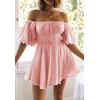 image:imageRVivimos Summer Dress for Women Short Puff Sleeve Boho Off the Shoulder Casual Smocked Swing Mini DressPink