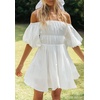 image:imageRVivimos Summer Dress for Women Short Puff Sleeve Boho Off the Shoulder Casual Smocked Swing Mini DressWhite