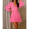 image:imageRVivimos Womens Casual Mini Dress Balloon Long Sleeve Deep V Neck Open Back ALine Swing Short DressHotpink