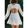 image:imageRVivimos Womens Casual Mini Dress Balloon Long Sleeve Deep V Neck Open Back ALine Swing Short DressWhite