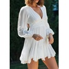 image:imageRVivimos Womens Casual Mini Dress Balloon Long Sleeve Deep V Neck Open Back ALine Swing Short DressWhite