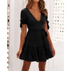 image:imageRVivimos Womens Cotton Summer Short Sleeves V Neck Tie Waist Casual Layered Ruffles Mini Swing DressesBlackshortsleeve
