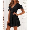 image:imageRVivimos Womens Cotton Summer Short Sleeves V Neck Tie Waist Casual Layered Ruffles Mini Swing DressesBlackshortsleeve