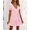 image:imageRVivimos Womens Cotton Summer Short Sleeves V Neck Tie Waist Casual Layered Ruffles Mini Swing DressesPinkshortsleeve