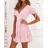 image:imageRVivimos Womens Cotton Summer Short Sleeves V Neck Tie Waist Casual Layered Ruffles Mini Swing DressesPinkshortsleeve