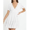 image:imageRVivimos Womens Cotton Summer Short Sleeves V Neck Tie Waist Casual Layered Ruffles Mini Swing DressesWhiteshortsleeve