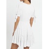 image:imageRVivimos Womens Cotton Summer Short Sleeves V Neck Tie Waist Casual Layered Ruffles Mini Swing DressesWhiteshortsleeve