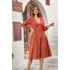 image:imageRVivimos Womens Fall Casual Gauze Cotton Dresses V Neck Long Sleeve Ruffle Tiered Flowy Midi Dress with PocketsOrange