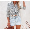 image:imageRVivimos Womens Fall Cotton Long Sleeves Roll Up Striped Casual V Neck Button Down Shirts BlousesBlack2