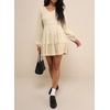 image:imageRVivimos Womens Fall Dresses Lantern Sleeve V Neck Stretchy Ribbed Knit ALine Tiered Mini Skater DressBeige