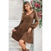 image:imageRVivimos Womens Fall Dresses Lantern Sleeve V Neck Stretchy Ribbed Knit ALine Tiered Mini Skater DressBrown