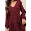 image:imageRVivimos Womens Fall Dresses Lantern Sleeve V Neck Stretchy Ribbed Knit ALine Tiered Mini Skater DressBurgundy
