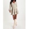 image:imageRVivimos Womens Fall Dresses Lantern Sleeve V Neck Stretchy Ribbed Knit ALine Tiered Mini Skater DressKhaki