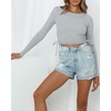 image:imageRVivimos Womens Fall Long Sleeve T Shirts Ruched Drawstrings Knit Stretchy Slim Crop TopsLightgrey