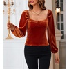 image:imageRVivimos Womens Fall Velvet Long Sleeves Square Neckline Casual Vintage Crop Tops BlouseRustbrown