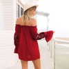 image:imageRVivimos Womens Floral Embroidered Off Shoulder Long Sleeve Short DressesWine Red