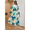 image:imageRVivimos Womens Long Sleeve Tie Dye Henley V Neck Button Up Loose Flowy Midi Dress with BeltBlue Green