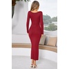 image:imageRVivimos Womens Maxi Lounge Dress Long Sleeve Square Neck Elastic Ribbed Knit Sexy Bodycon DressWinered